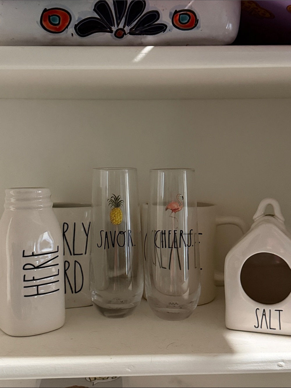 Rae Dunn Clear Toasting Flutes with Yellow Pineapple and Pink Flamingo Accents